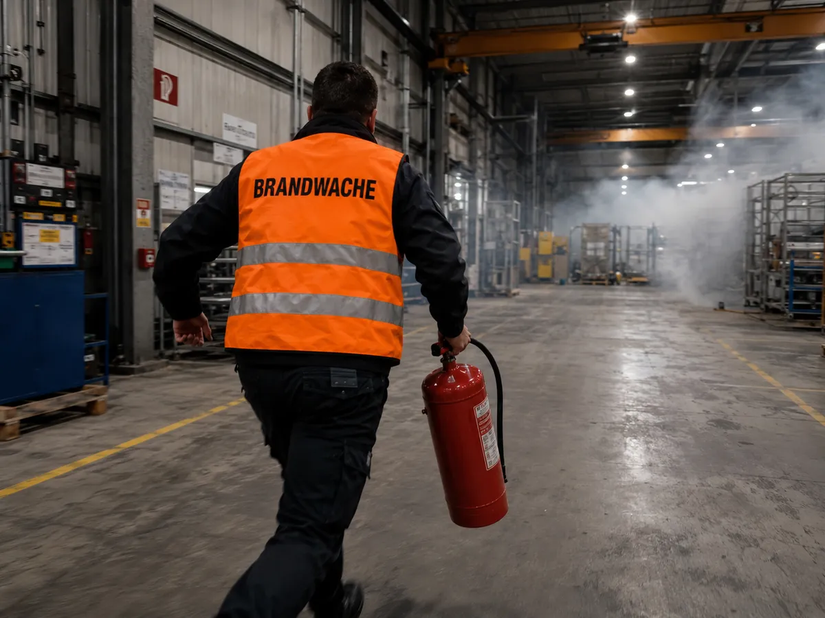 Brandwache in Reutlingen: SBS-Brandsicherheitswache eilt mit Feuerlöscher zum Brandherd in einer Industriehalle