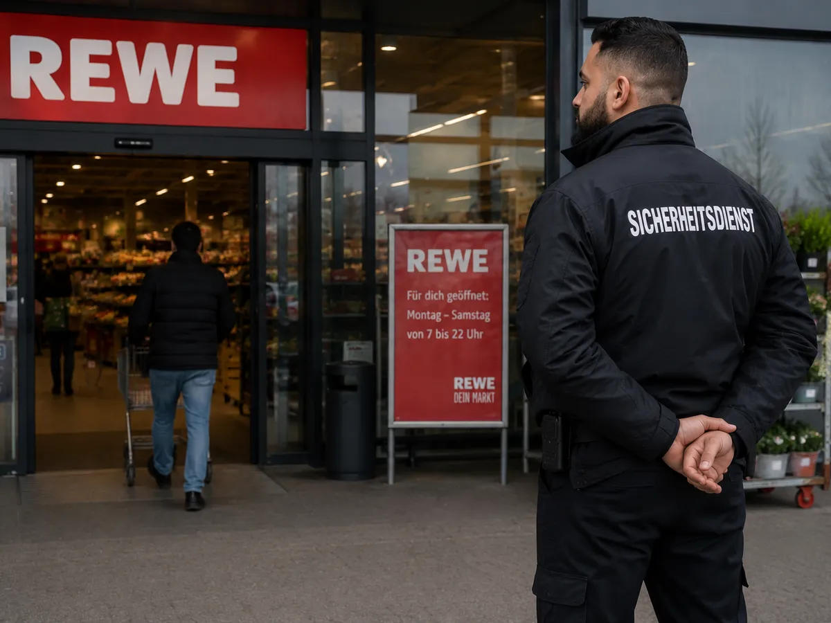 Ladendetektiv in Reutlingen: SBS-Sicherheitsmitarbeiter bewacht sichtbar den Eingang eines Supermarkts